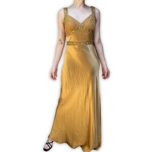 Dusk Collection Evening Gown Beaded Bodice Gold Silk Sleeveless Size 6